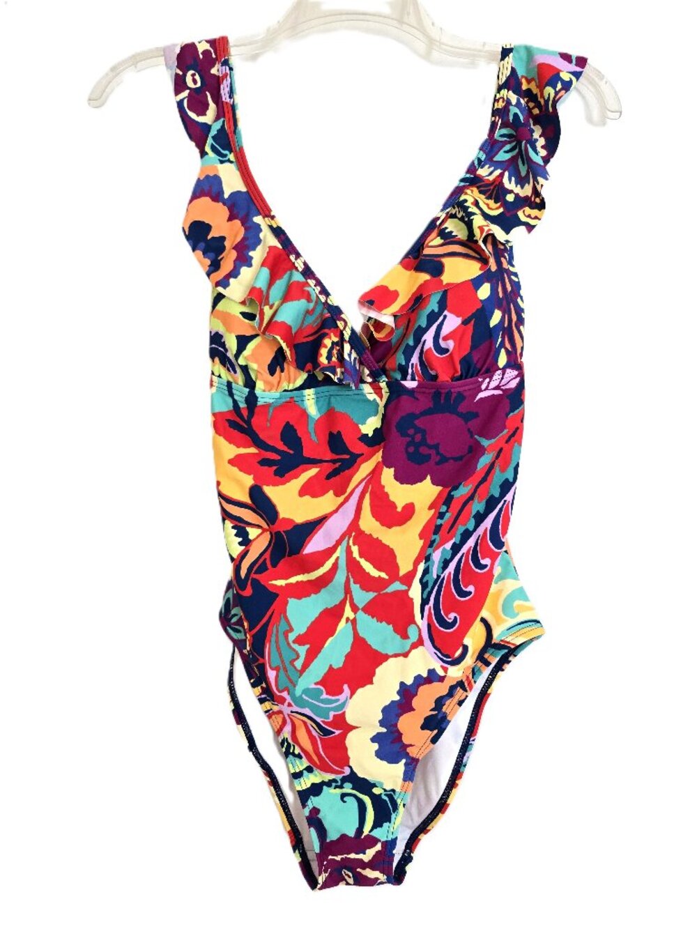 NWT Tahari Multicolor Floral Ruffle V-Neck One Piece Swimsuit Size Small